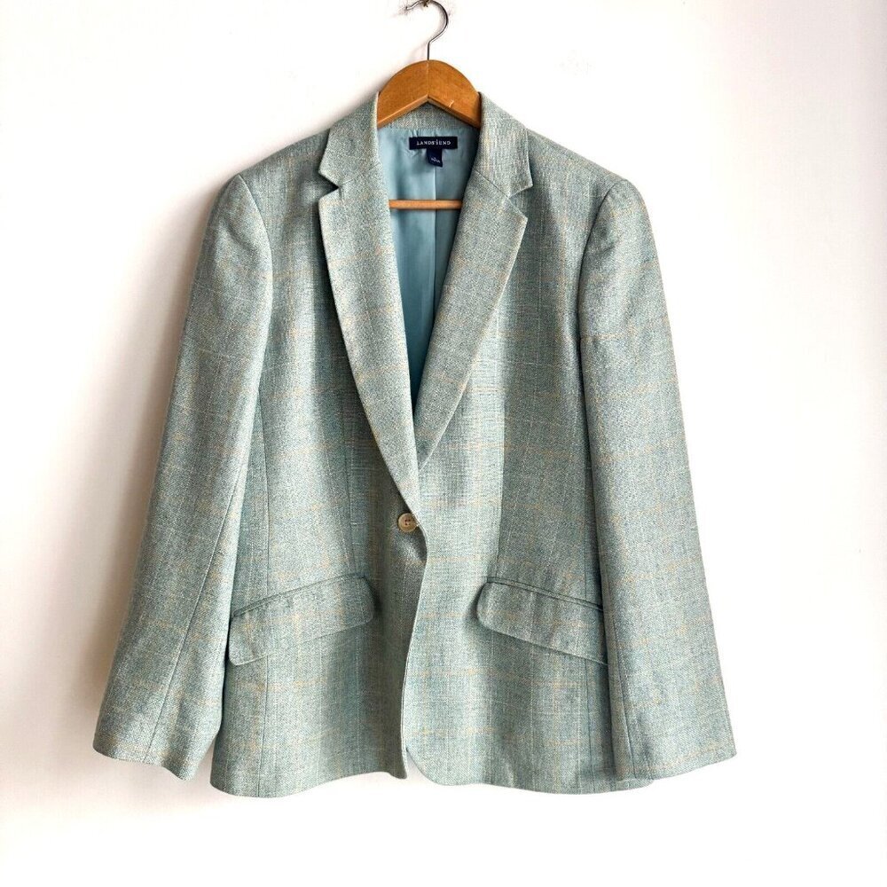 Land's End Blue Plaid Wool Silk Linen Blend Blazer 12